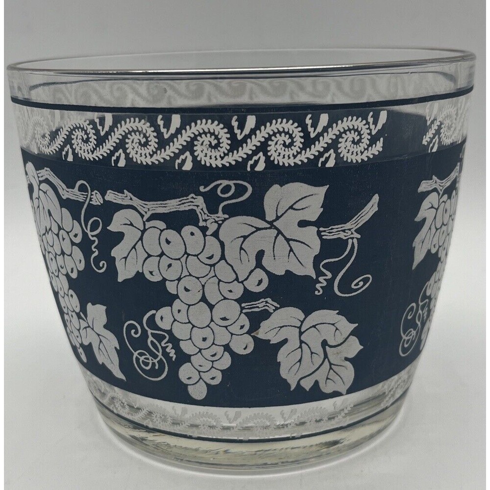 Vintage Hazel Atlas Glass Ice Bucket, Blue With White Grapevine Pattern